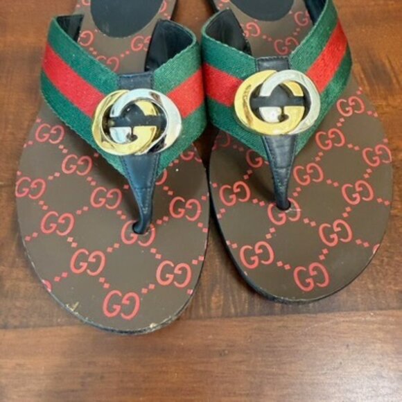 Gucci Kika Web GG Thong Sandals Red Green Stripe Logo EU 37 US 7 - Picture 6 of 7